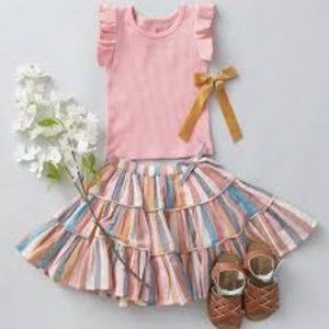 Pink Chicken Allie Skirt Multi Stripe Boho Tiered Girls Sz 5 Elastic Waist Rainb